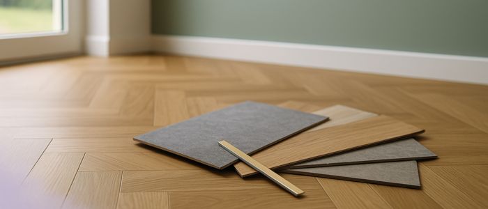 Échantillons de sols stratifiés et PVC posés sur parquet en chevron