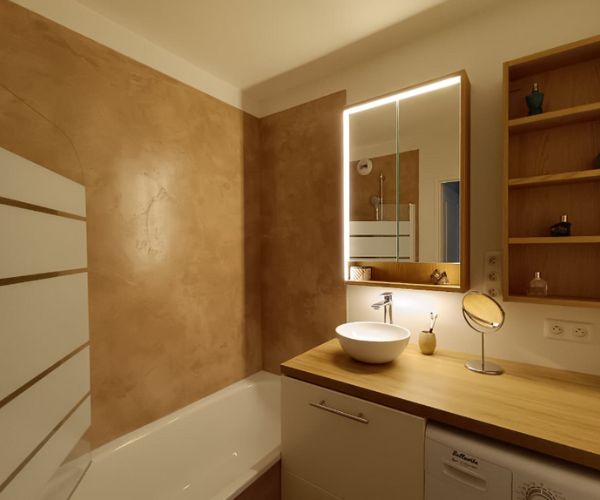 Salle de bain rénovée avec application de béton ciré sur les murs à Dijon