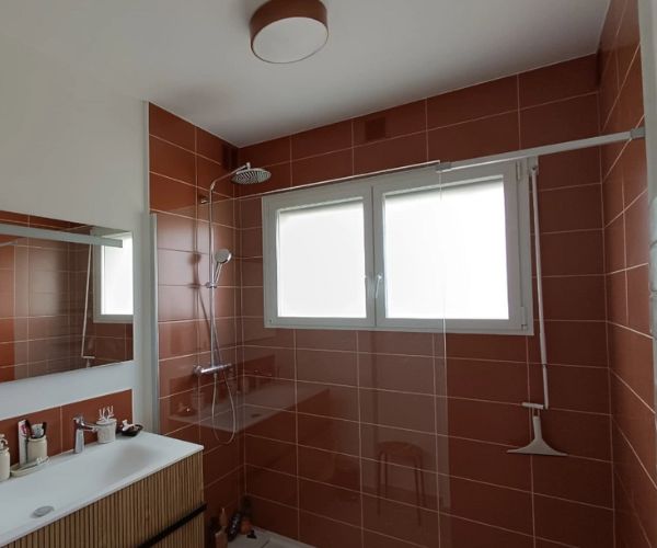 Salle de bain rénovée avec faïence terracotta et murs peints teinte doigts de fée